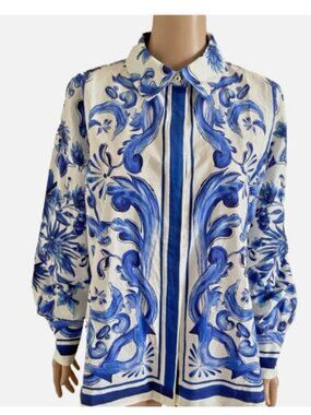 FARM RIO Garden Tiles Anthropologie Blue White Top Medium - Excellent